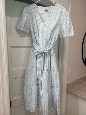 Light Blue Floral Stripe Tie-Waist Midi Dress